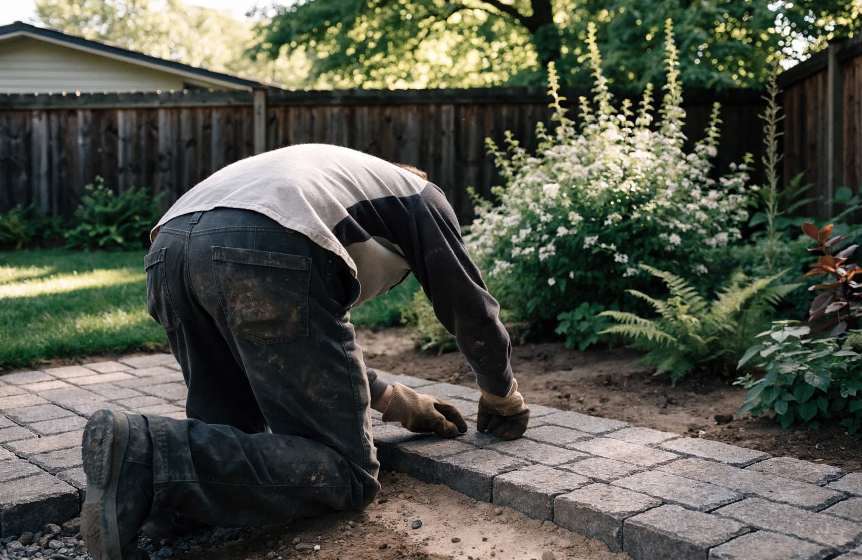 A landscaper working on a residential yard